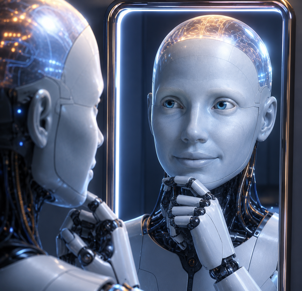 A silver humanoid looking into an illuminated mirror